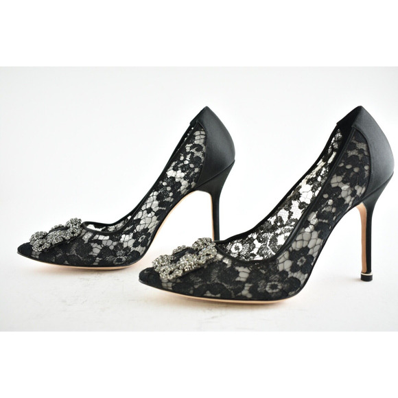 Manolo Blahnik Hangisila Hangisi 105 Black Lace Crystal Buckle Heel Pump 39.5 - Picture 10 of 12
